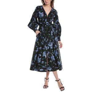 Marchesa Notte Indigo Midi Dress Long Sleeve Zip-Front Floral Black Blue Size 6